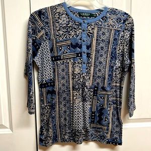 Ralph Lauren Blue Beige Paisley Print Mid Sleeve Tee Shirt Size L